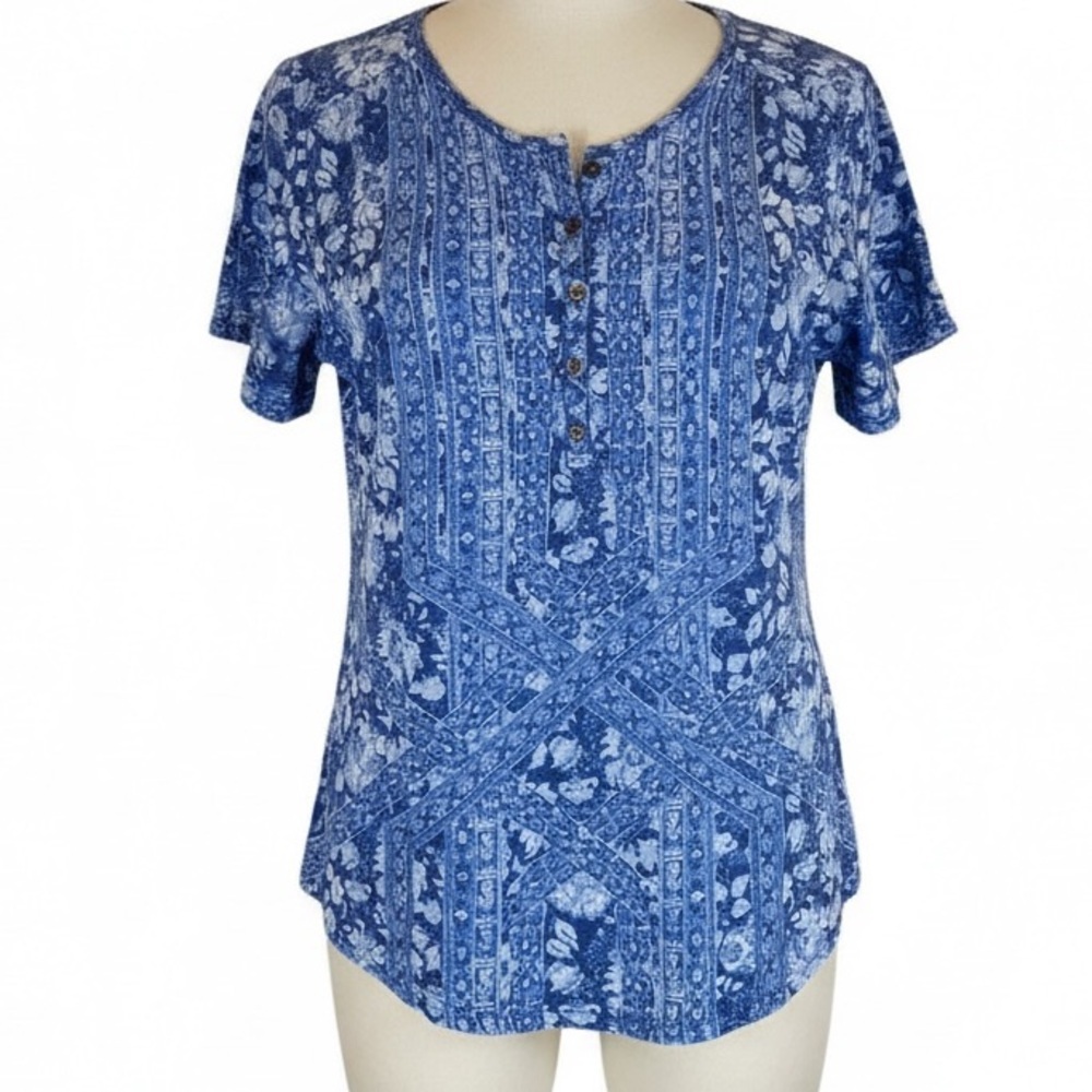 Lucky Brand Blue White Boho Floral Pileated V-Neck Tunic Blouse Top Plus Size 1X - Picture 3 of 11